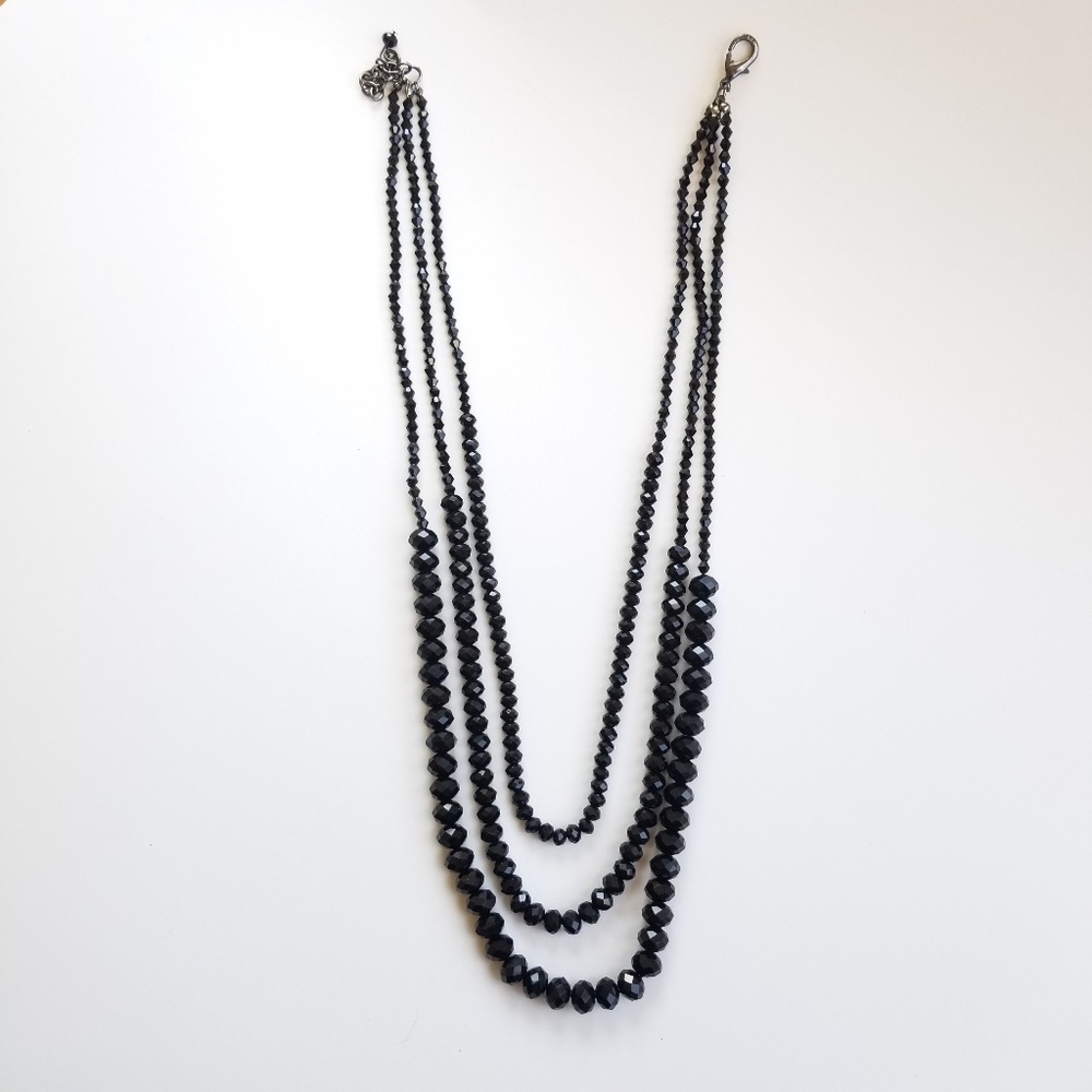 Black Beaded Faceted Necklace 3 Rows